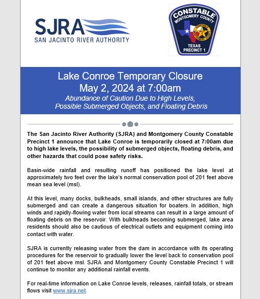 SJRA Announces Temporary Closure of Lake Conroe